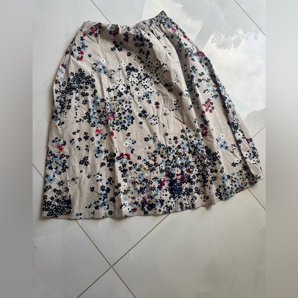 Floral A-Line Midi Skirt in Cream with Navy & Pink Accents